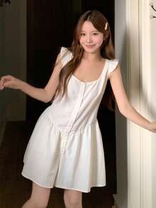 Livesso 女士纯色前扣连体裤家居服夏季 - 白色 - 查看 4