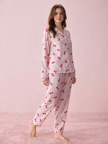 Bonmuse Striped Heart Print Women Bubble Crinkle Long Sleeve Pajama Set - Pink - View 5