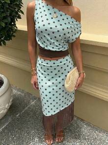 Aloruh 優雅 Y2K 波點撞色流蘇針織鉛筆裙，夏季 90 年代派對通勤女式辦公穿搭，畢業早午餐裙 - 彩色 - 查看 3