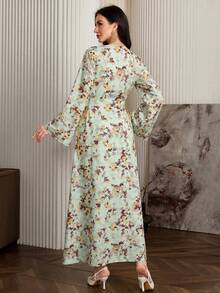 Al Najma Đầm dài tay buộc dây in hoa toàn thân kiểu Ả Rập, kiểu dáng maxi Kaftan Jalabiya dáng chữ A thanh lịch, thích hợp cho tiệc tối/đám cưới/kỷ niệm. - Màu vàng - Xem 5