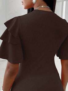 EMERY ROSE Women's Solid Color Round Neck Ruffle Sleeve Casual T-Shirt - Coffee Brown - View 2