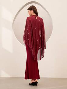 Graceveil Bộ 2 món thanh lịch gồm áo choàng poncho bất đối xứng thêu sequin màu đỏ tía và váy đuôi cá màu đỏ tía. - Màu Đỏ Sâu - Xem 2