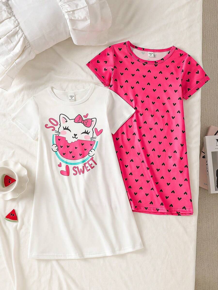 Genkimix Kids 2件套 女童可爱卡通绵羊印花休闲短袖长款睡衣家居服套装,粉色和灰色 - 彩色 - 查看 1