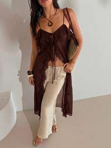 Aloruh Women's Sexy Bohemian Style Solid White Sheer Extra Long Blouse, Women's Music Festival Top,Summer Top - Coffee Brown - View 7