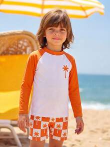 SHEIN 2pcs/Set Young Boys' Casual Swimwear, Striped Swim Trunks + Solid Color Rash Guard, Suitable For Swimming, Beach Vacation - Orange - View 5