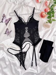 PetitDoll 3件套浪漫蕾丝拼接钢圈内衣套装 - 黑色 - 查看 5