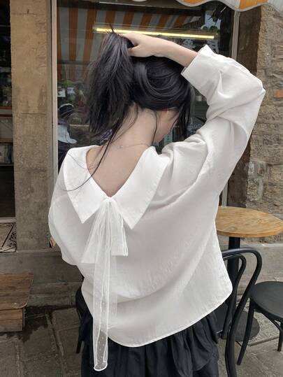 DAZY Áo kiểu nữ màu trơn, dáng rộng, thắt nơ, tay dài, phong cách thường ngày, thích hợp cho mùa hè, đi nghỉ mát.