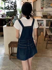 DAZY Rok Terusan Denim Wanita dengan Kantong dan Kancing - Biru - View 2
