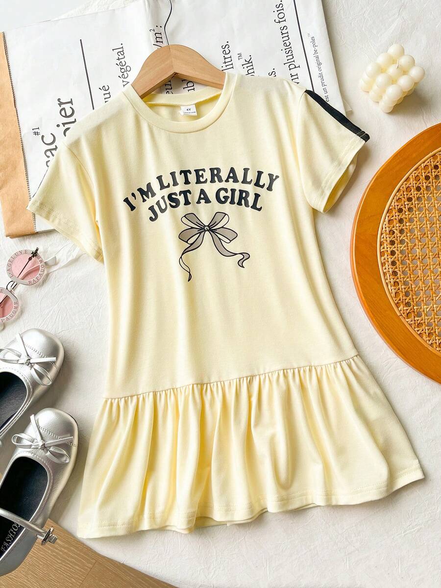 SHEIN Genkimix Kids Toddler Girls' Korean Style Energetic Bow Decor Round Neck Short Sleeve T-Shirt Dress, Comfortable Loose Fit Casual Summer Outfit - Beige - View 1