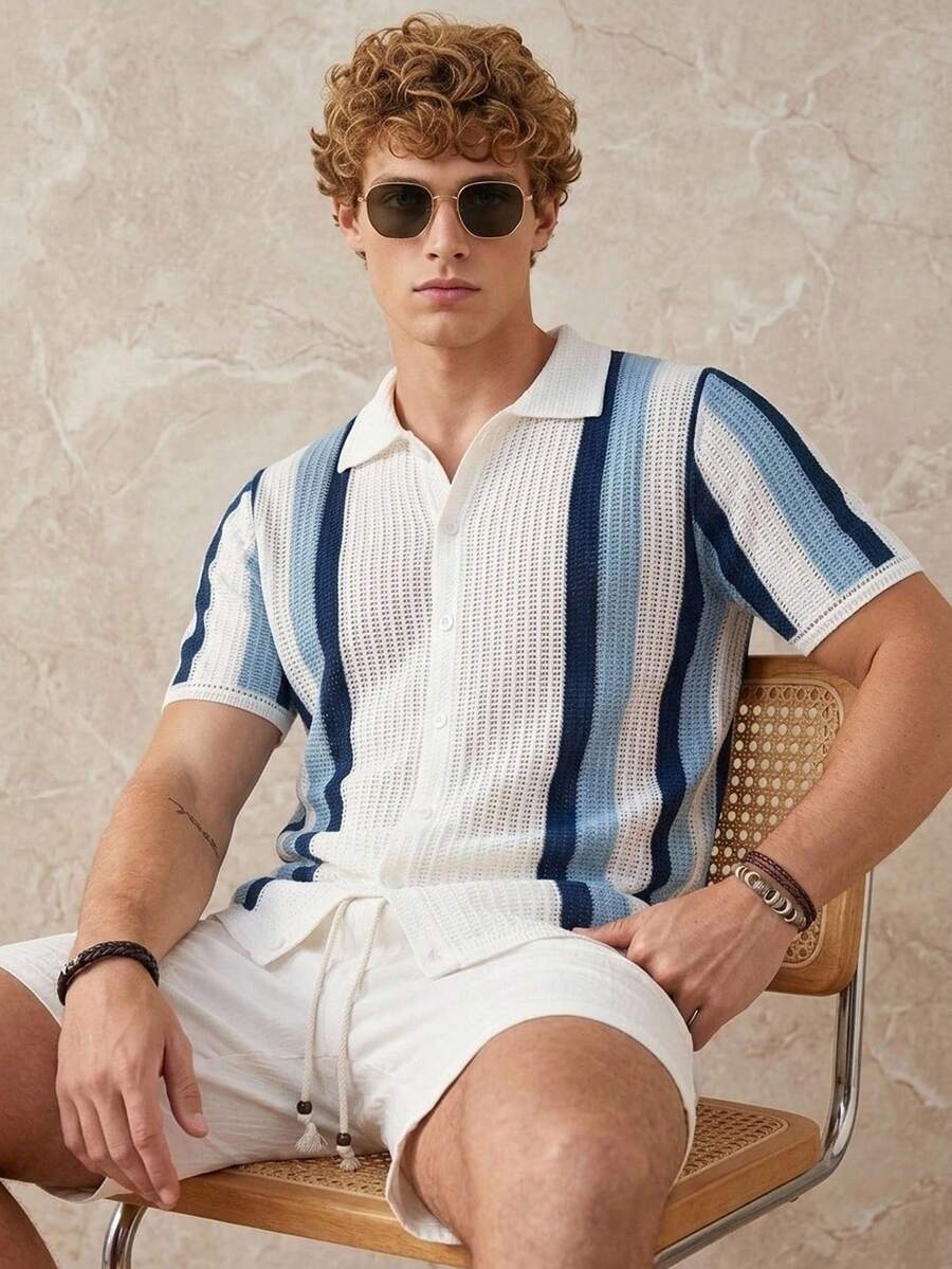 Manfinity CityGents 欧美新晋博主时尚设计休闲度假镂空男士套头针织衫,春夏蓝色撞色针织衫,沙滩度假风水溶性针织衫 - 彩色 - 查看 1