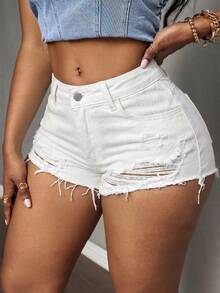 Slaydiva Plus Size Summer Casual Solid Color Distressed Denim Shorts - White - View 2