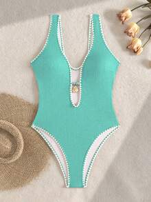 SHEIN Swim Swim Swim Lushoire 橙色纹理连体泳衣，饰有贝壳图案和撞色滚边，适合夏季海滩穿着 - 薄荷綠 - 查看 4