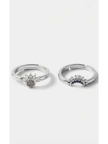 Noxbound 2 Pcs Sun & Moon Combo Adjustable Women/Couple Rings, Artificial Zirconia Elegant Charm Fashion Accessories, Suitable For Girlfriend Gifts And Daily Wear - Sun and Moon - View 2
