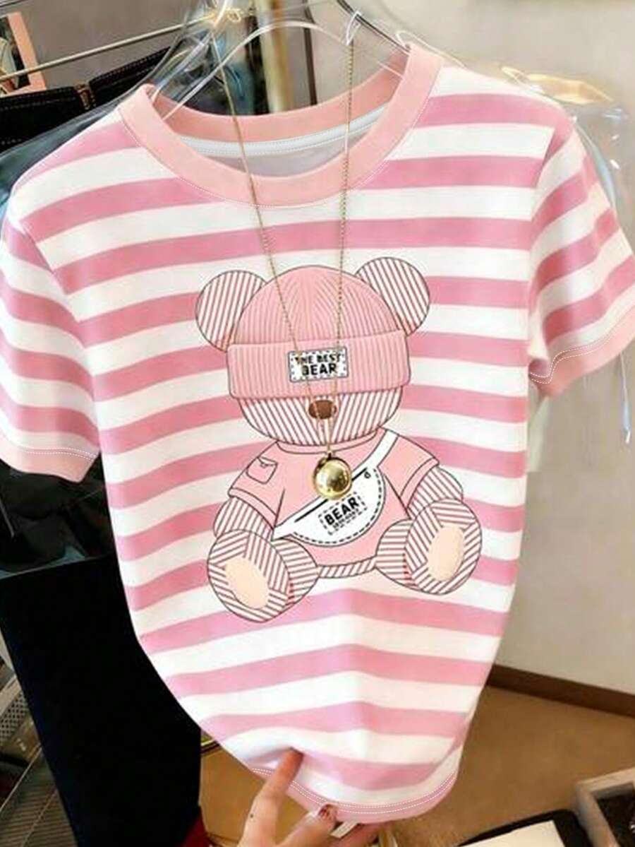 青少年女孩經典條紋粉色熊圖案圓領短袖休閒百搭T恤,舒適柔軟寬鬆圓領短袖粉色與白色條紋T恤,適合日常穿著、居家、度假、節日、春夏季氛圍、春夏季、輕鬆舒適、休閒穿著、兒童花卉圖案、新風格、悠閒、春季氛圍悠閒夏季度假 - 彩色 - 查看 1