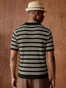 AKNOTIC Atasan Pullover Rajut Longgar Kasual Pria Warna Hitam dengan Resleting Setengah untuk Liburan Musim Panas - Hitam dan Putih - View 6