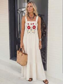 LanaWest Women's Western Casual 100% Cotton Adjustable Suspender Detailed Bohemian Style Embroidered Dress - Apricot - View 4