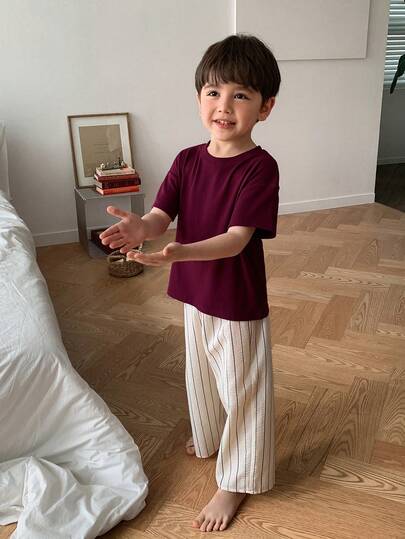 DAZY 男童纯色简约圆领T恤和条纹休闲裤睡衣套装