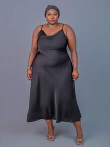 CurvyTilda Plus Size Women Solid Color Draped Neck Elegant Slip Luxury Dress, Fall/Autumn/Winter, Christmas, New Year, Thanksgiving, Party, Wedding, Beach, Graduation, Chic, Elegant, Casual, Going Out, Date, Appointment, Commute, For Hourglass Body Shape - Black - View 5