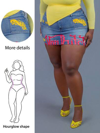 CurvyTilda Plus-Size Women's Sexy, Fashionable, Street Punk Letter Print Low-Waisted Denim Mini Skirt; Summer Women's Denim Skirt, Y2K Style, Denim Mini Skirt, Women's Denim Mini Skirt, Y2K Denim Mini Skirt, Letter Print, Medium Blue Denim Skirt, Christmas, New Year's, Valentine's Day., For Hourglass Body Shape
