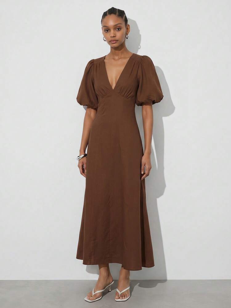 SHEIN Maija Women's Elegant Coffee Brown Summer Backless Mid-Length Dress,Puff Sleeves V Neck Holiday Picnic Holiday Wedding Guest Party Beach Vacation Outfits