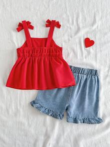 SHEIN Vintaside Kids 女婴夏季两件套，红色吊带背心搭配爱心刺绣牛仔短裤，适合户外玩耍、日常居家休闲、轻松运动、欢乐派对时光。 - 紅色 - 查看 2