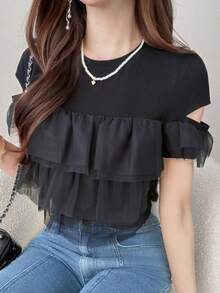 FRIFUL Camiseta Feminina Versátil e na Moda com Bainha Multicamadas, Adequada para Encontros - Preto - Visão 4