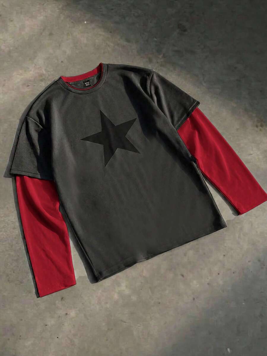SWAVVY Camiseta de manga larga con estampado para hombre - Rojo - Ver 1