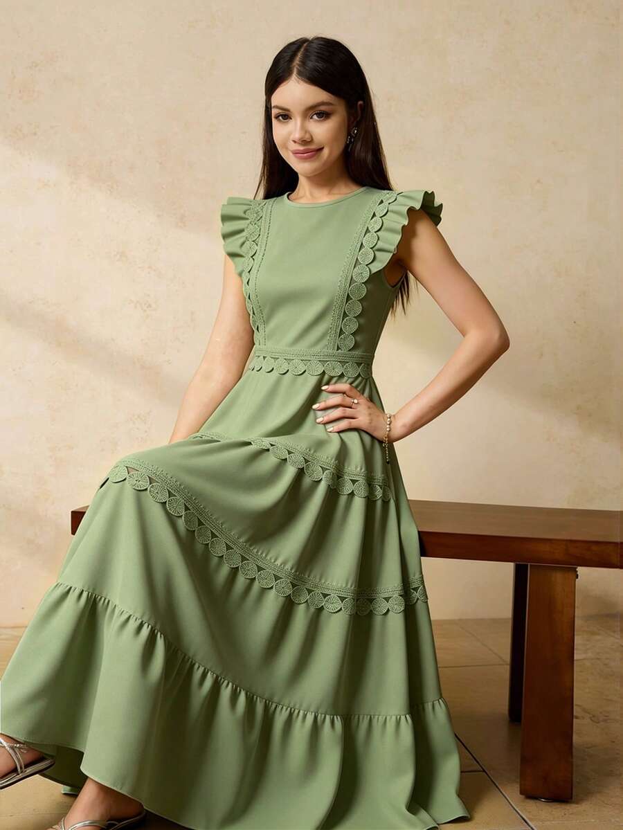 SHEIN 白色荷叶边纯色连衣裙,适合青少年女孩,层叠褶裥下摆,优雅时尚,适合春夏日常外出、聚会和各种活动。 - 綠色 - 查看 1