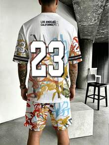 Lornexis Men's Retro Street Graffiti Number 23 Print T-Shirt And Shorts Set - Multicolor - View 2