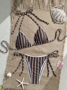 Swim Vcay Women's Brown Stripe Bikini Set, Summer Beach Vacation Holiday Casual Sexy 2 Pieces Swimwear With Lace Triangle Halter Neck Top Side-Tie Bottom - Multicolor - View 6