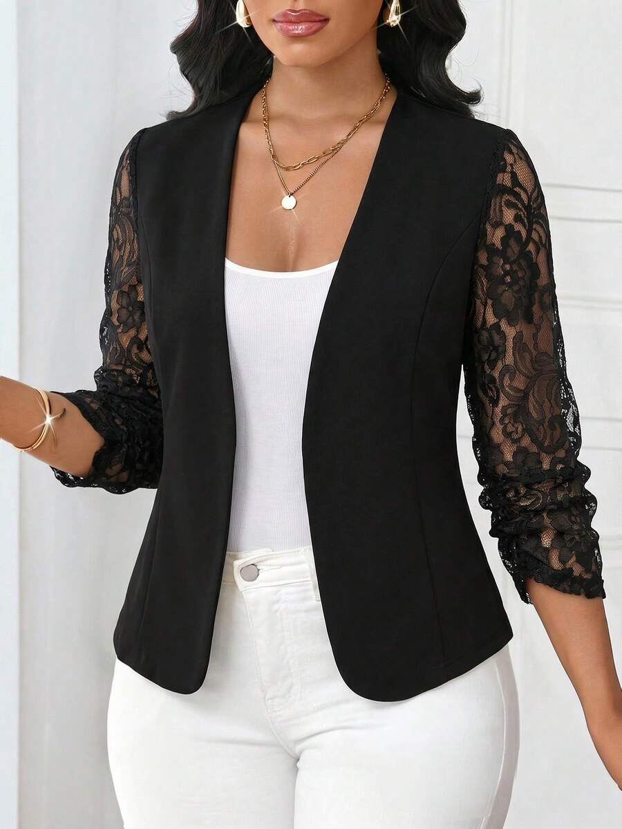 SHEIN Lady Áo khoác cardigan nữ phối ren, kiểu dáng thường ngày, đa năng, nhẹ nhàng. - màu đen - Xem 1