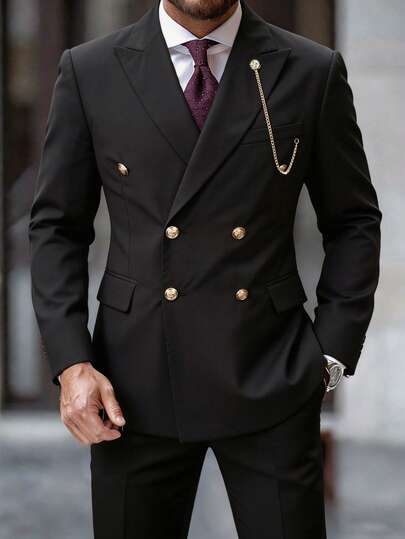 Manfinity Bizformal Men's Black Chain Decor Gentleman Business Wedding Suit Jacket