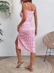 Breezaya Đầm hai dây xẻ đùi, buộc dây vai, in họa tiết hoa nhí, thích hợp cho kỳ nghỉ biển, trang phục nữ. - Màu Hồng  San hô - Xem 2