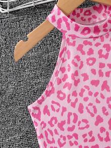 Young Girl Light Pink Knitted Halter Top & Flared Pants Set,Kids Leopard Print Stretchy Fabric Outfit,Summer Musical Festival Fashionable Comfy Set - Pink - View 7