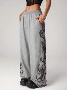 SHEIN ICON Y2K 女式外出哥特音乐会俱乐部印花花卉图案松紧腰带口袋阔腿宽松休闲裤 - 灰色 - 查看 2