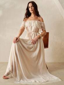 Aveloria Rosie Đầm maxi trễ vai thắt eo bằng ren chiffon màu mơ lãng mạn, gợi cảm, nhẹ nhàng cho buổi hẹn hò, đầm cưới thanh lịch, đầm dự tiệc sang trọng, phối ren kiểu Pháp cổ điển, đa năng cho kỳ nghỉ hè, dã ngoại và mặc thường ngày. - Màu be - Xem 1