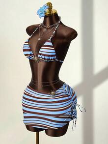 Zestiva Bộ bikini 3 mảnh dành cho nữ, họa tiết sọc retro, kiểu dáng tam giác buộc dây, đồ bơi đi biển tối giản, thanh lịch và gợi cảm cho mùa hè, kỳ nghỉ và tiệc tùng. - Nhiều màu - Xem 5