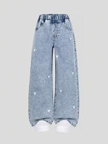SHEIN 女童宽松牛仔裤，夏季新品，爱心刺绣，浅蓝色牛仔布，松紧腰，直筒裤型，轻盈柔软面料，舒适休闲，适合日常、度假、上学、通勤、户外聚会等各种场合，夏季女童牛仔裤 - 藍色 - 查看 9