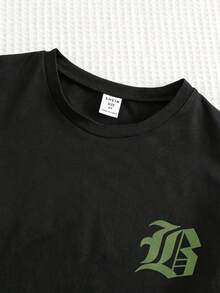 SHEIN 小男孩 T-shirt 套裝，黑色短袖圓領字母印花上衣搭配軍綠色工裝長褲，夏季職業日旅行時尚穿搭 - 彩色 - 查看 5