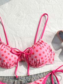 Swim Mod Set Bikini Wanita Musim Semi/Panas Motif Digital dengan Atasan Cami Berkawat dan Bawahan Ikat Samping untuk Liburan Pantai - Watermelon Pink - View 4