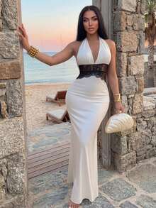 Slaydiva Vestido largo de satén con cuello de halter y ribete de encaje en forma de cola de pez, perfecto para festivales de música, San Valentín, Pascua, bodas, fiestas de temporada, uso casual y elegante, uso diario, atuendo de trabajo, fiestas de vacaciones, fiestas de crucero, estilo básico, uso diario. - Beis - Ver 7