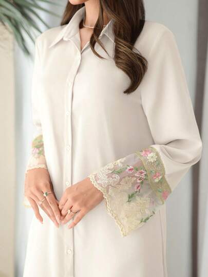 Al Najma Women's Floral Embroidered Mesh Patchwork Arabic Style Dress