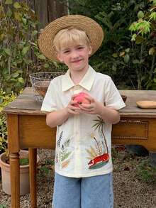 Dazy Kids Young Boy Botanical Print Short Sleeve Button-Down Shirt - Beige - View 3