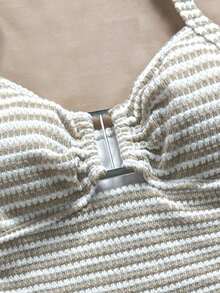 SHEIN 少女吊带背心式泳衣，黑白条纹纹理吊带背心式泳衣上装，适合游泳、度假、沙滩穿着，儿童泳装套装，夏季假期 - 杏色 - 查看 5