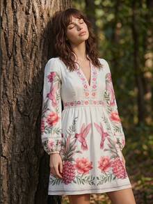 CAJUNI Chiếc váy ngắn tay dài màu trắng kiểu Bohemian với họa tiết nhiệt đới toát lên vẻ thanh lịch và tinh tế. - Màu be - Xem 2