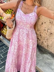 Pariaura Đầm maxi hai dây màu hồng và tím họa tiết hoa, cổ chữ V, lưng xếp ly, kiểu dáng nhiều tầng. - Màu Hồng Tươi - Xem 5
