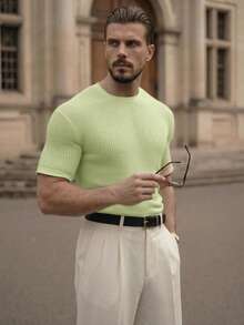 Manfinity VCAY Loose Fit Men's Solid Waffle Knit T-Shirt - Light Yellow - View 8