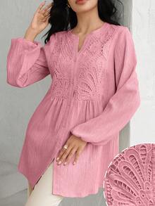 Graceveil Women's Lace Patchwork Textured Lantern Sleeve Blouse - Pink - View 1