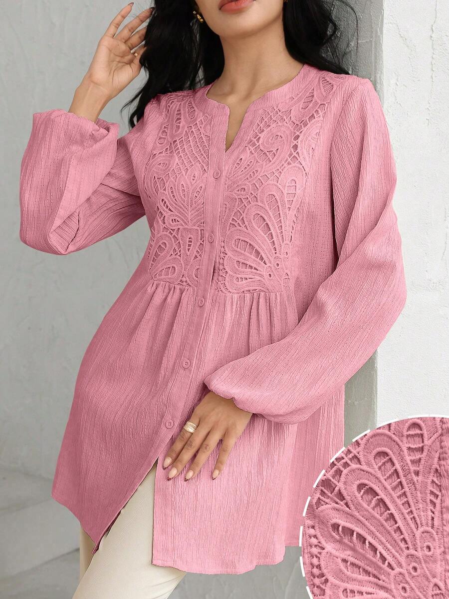 Graceveil Women's Lace Patchwork Textured Lantern Sleeve Blouse - Pink - View 1