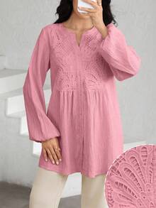 Graceveil Women's Lace Patchwork Textured Lantern Sleeve Blouse - Pink - View 2